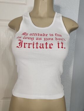VINTAGE White Ribbed Tank Top with Red Gothic Slogan